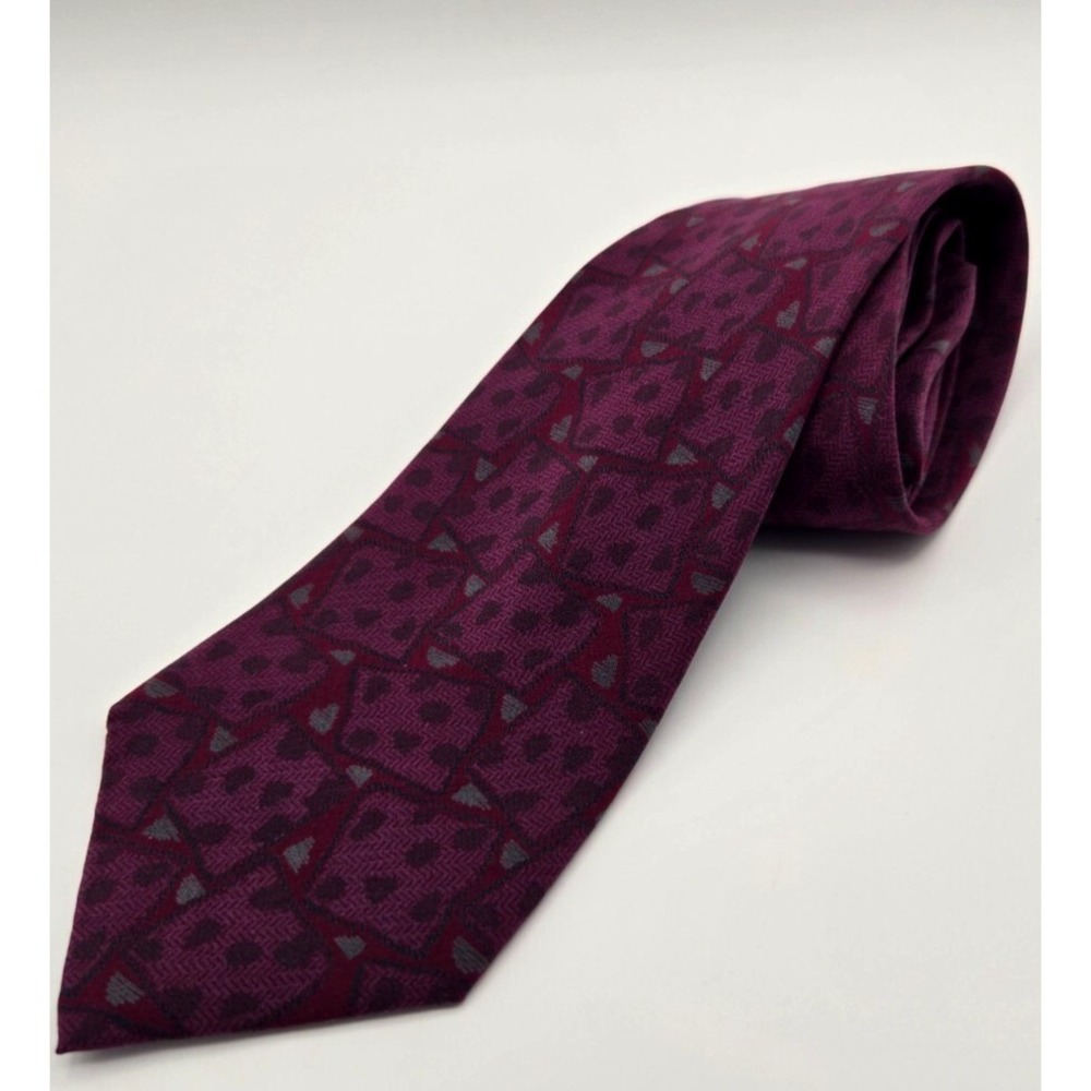 Hennessy Couture Necktie Mens One Size Plum Grey Geometric Silk Italy Fabric